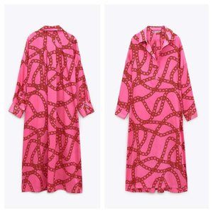 ZARA CHAIN PRINT SATIN OVERSIZED PINK TUNIC DRESS NWT